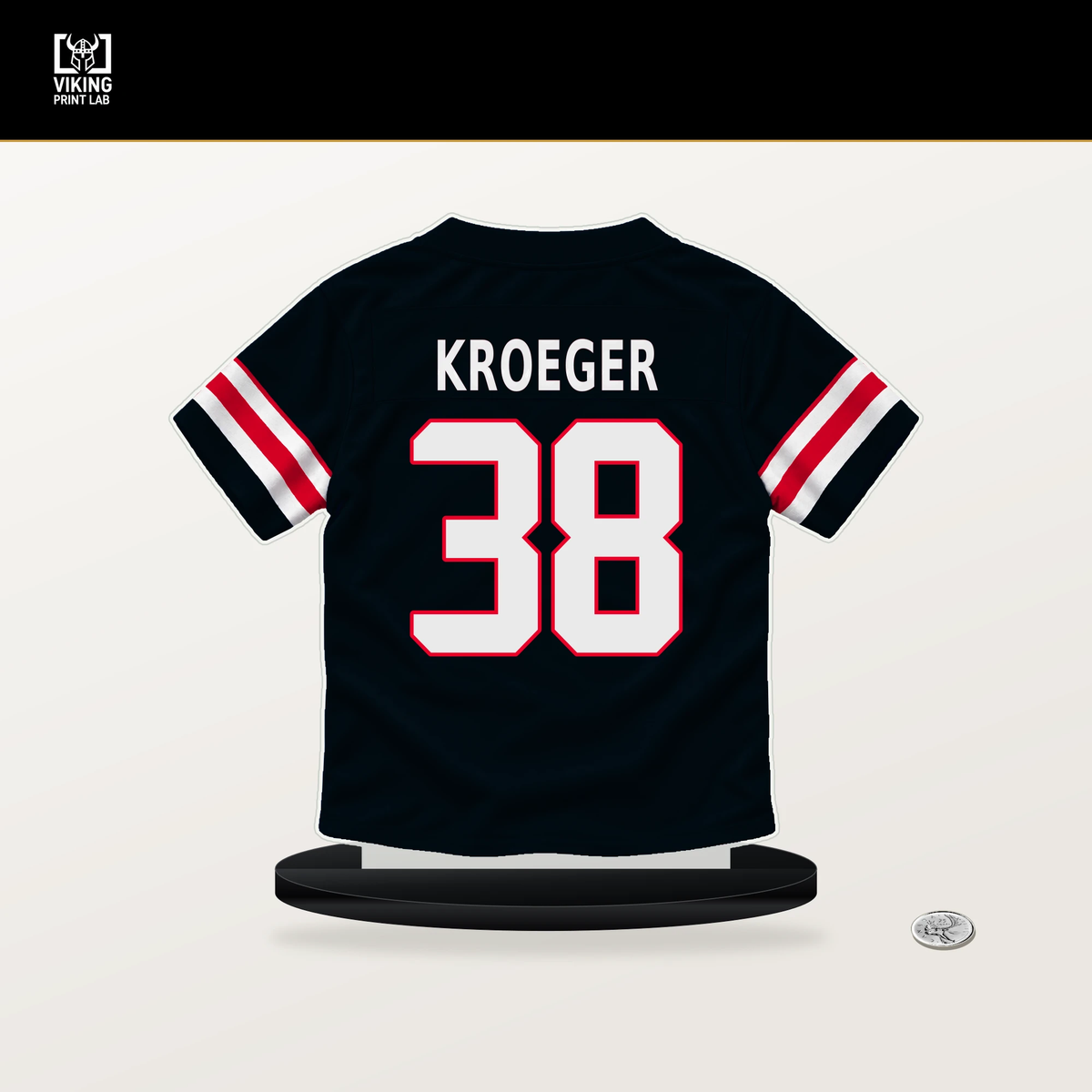 Kai Kroeger number 38 Houston Texans jersey stand with included black base.