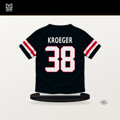 Kai Kroeger number 38 Houston Texans jersey stand with included black base.