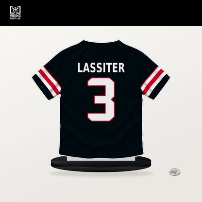 Kamari Lassiter number 3 Houston Texans jersey stand with included black base.