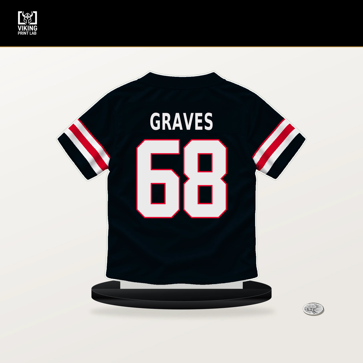 Aaron Graves number 68 Houston Texans jersey stand with included black base.