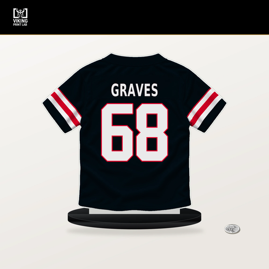 Aaron Graves number 68 Houston Texans jersey stand with included black base.