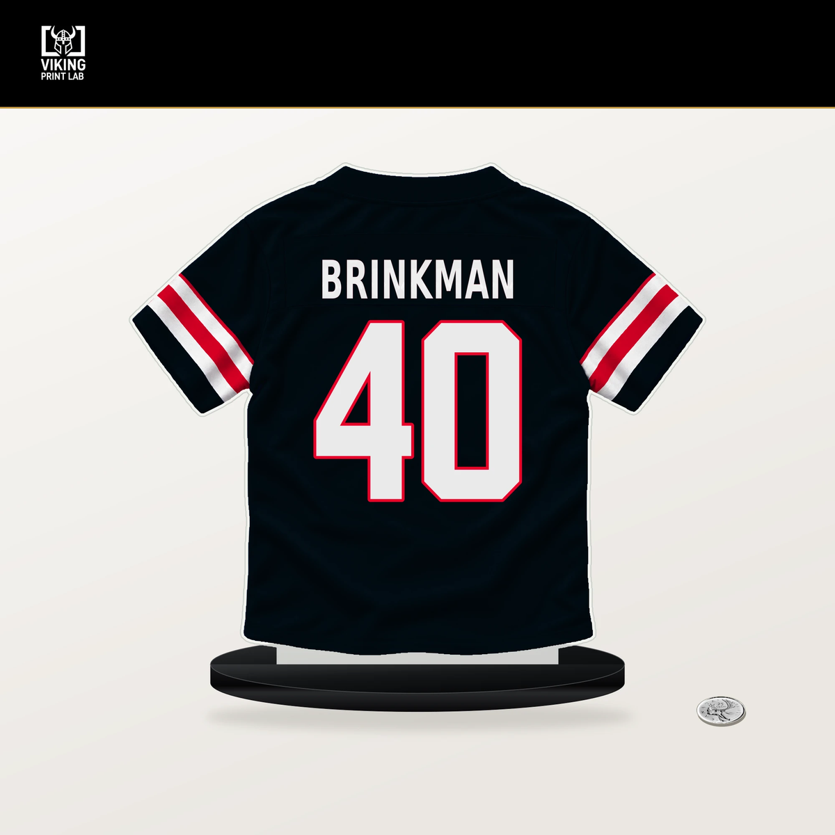 Austin Brinkman number 40 Houston Texans jersey stand with included black base.