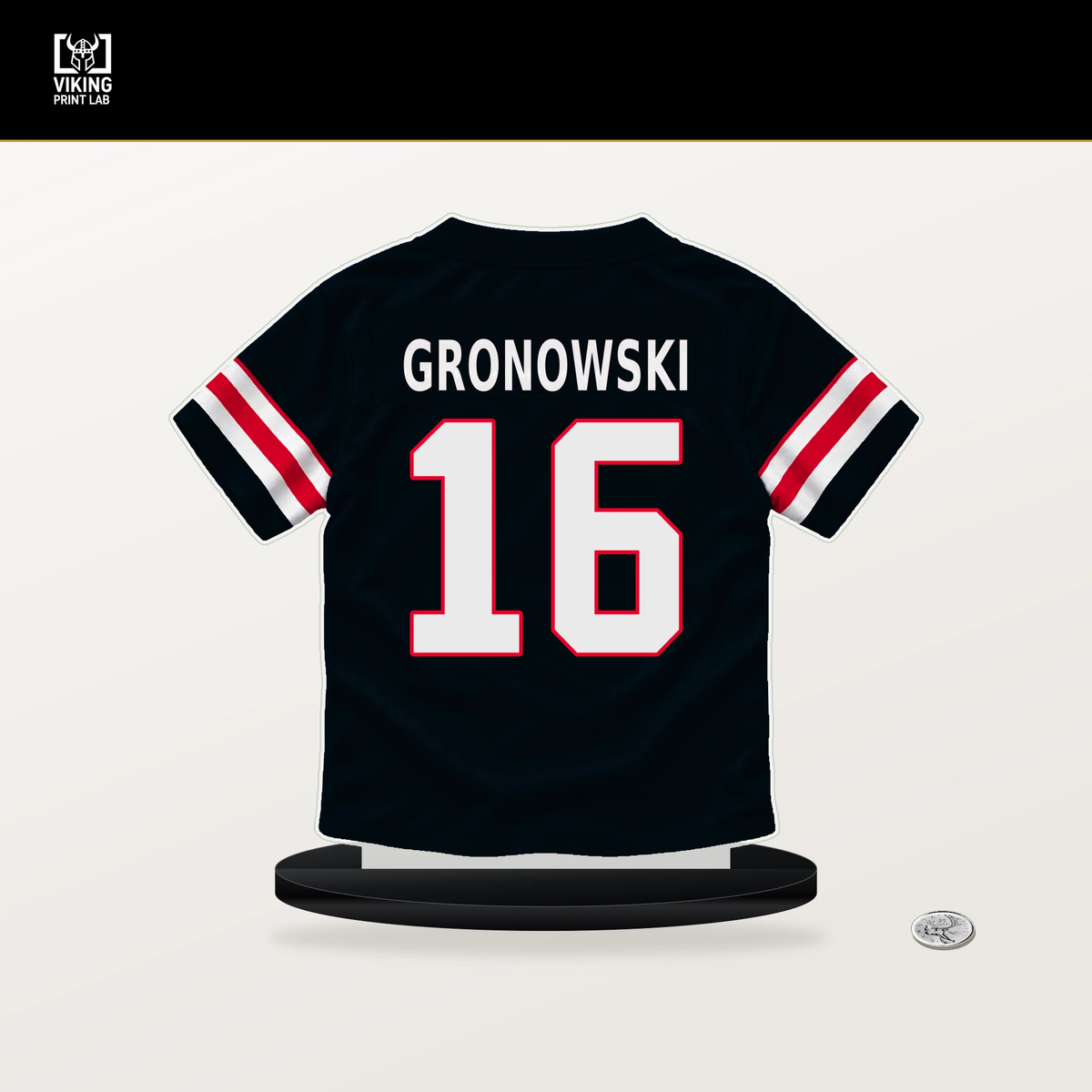 Mark Gronowski number 16 Houston Texans jersey stand with included black base.