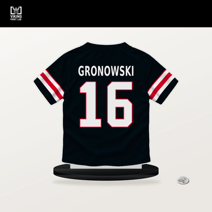 Mark Gronowski number 16 Houston Texans jersey stand with included black base.