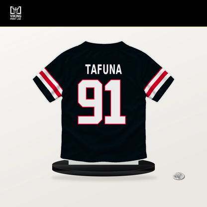 Junior Tafuna number 91 Houston Texans jersey stand with included black base.