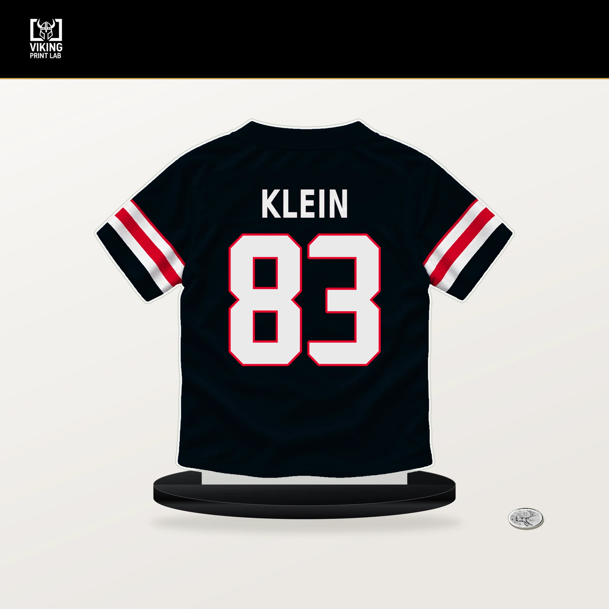 Marlin Klein number 83 Houston Texans jersey stand with included black base.