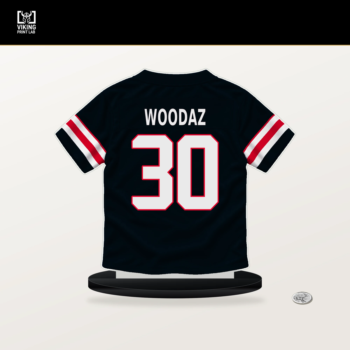 Wade Woodaz number 30 Houston Texans jersey stand with included black base.