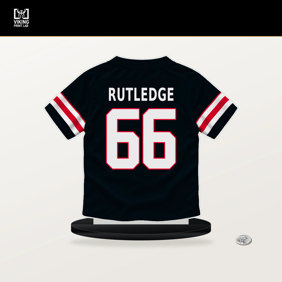 Keylan Rutledge number 66 Houston Texans jersey stand with included black base.