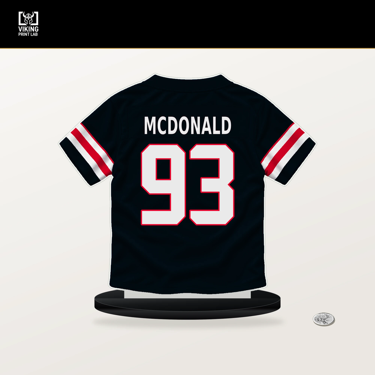 Kayden McDonald number 93 Houston Texans jersey stand with included black base.
