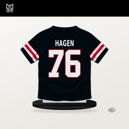 Sam Hagen number 76 Houston Texans jersey stand with included black base.