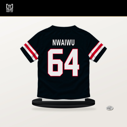 Febechi Nwaiwu number 64 Houston Texans jersey stand with included black base.