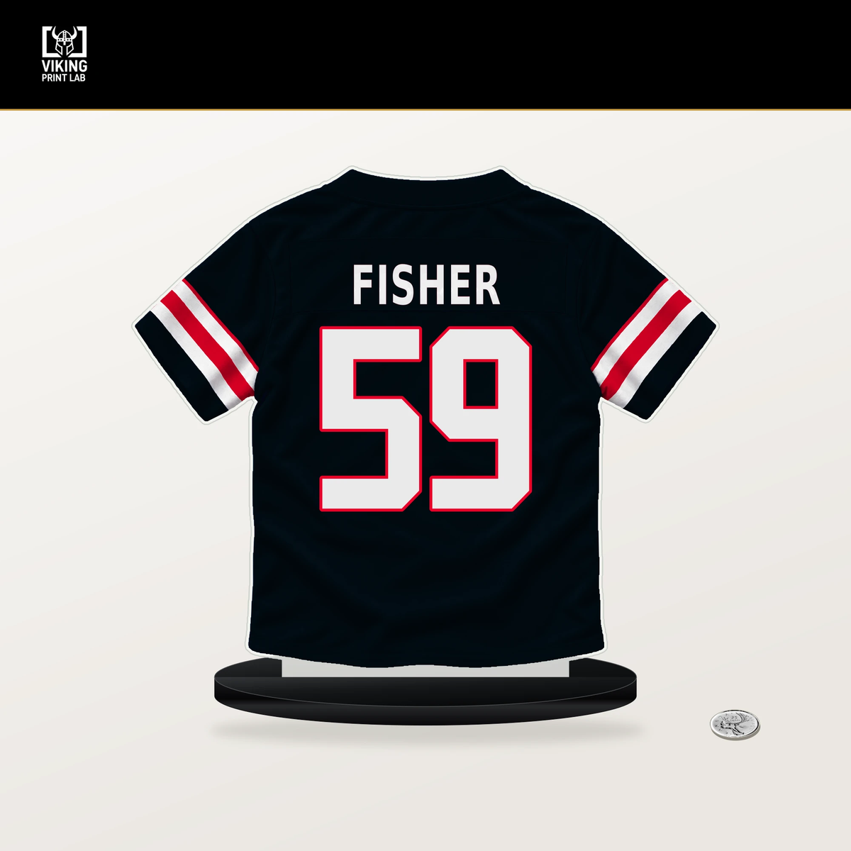 Aiden Fisher number 59 Houston Texans jersey stand with included black base.