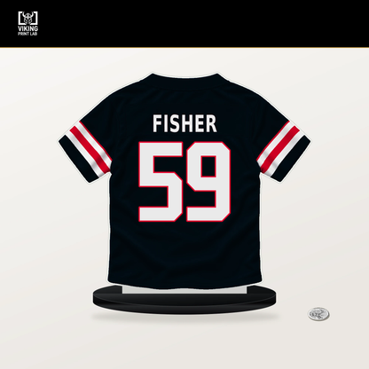 Aiden Fisher number 59 Houston Texans jersey stand with included black base.