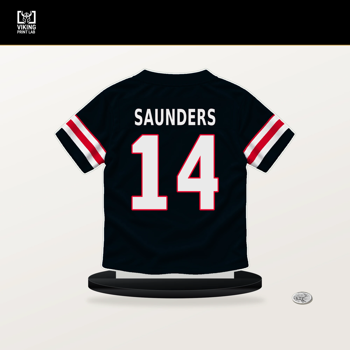 Treyvhon Saunders number 14 Houston Texans jersey stand with included black base.