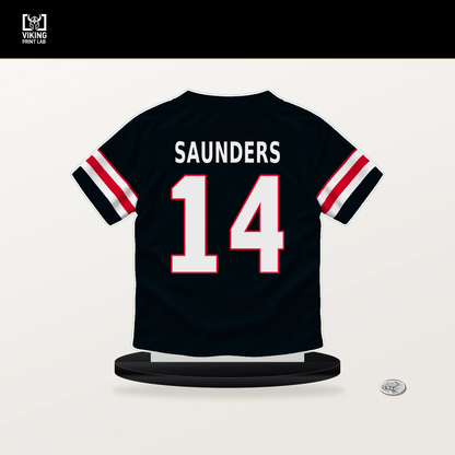Treyvhon Saunders number 14 Houston Texans jersey stand with included black base.