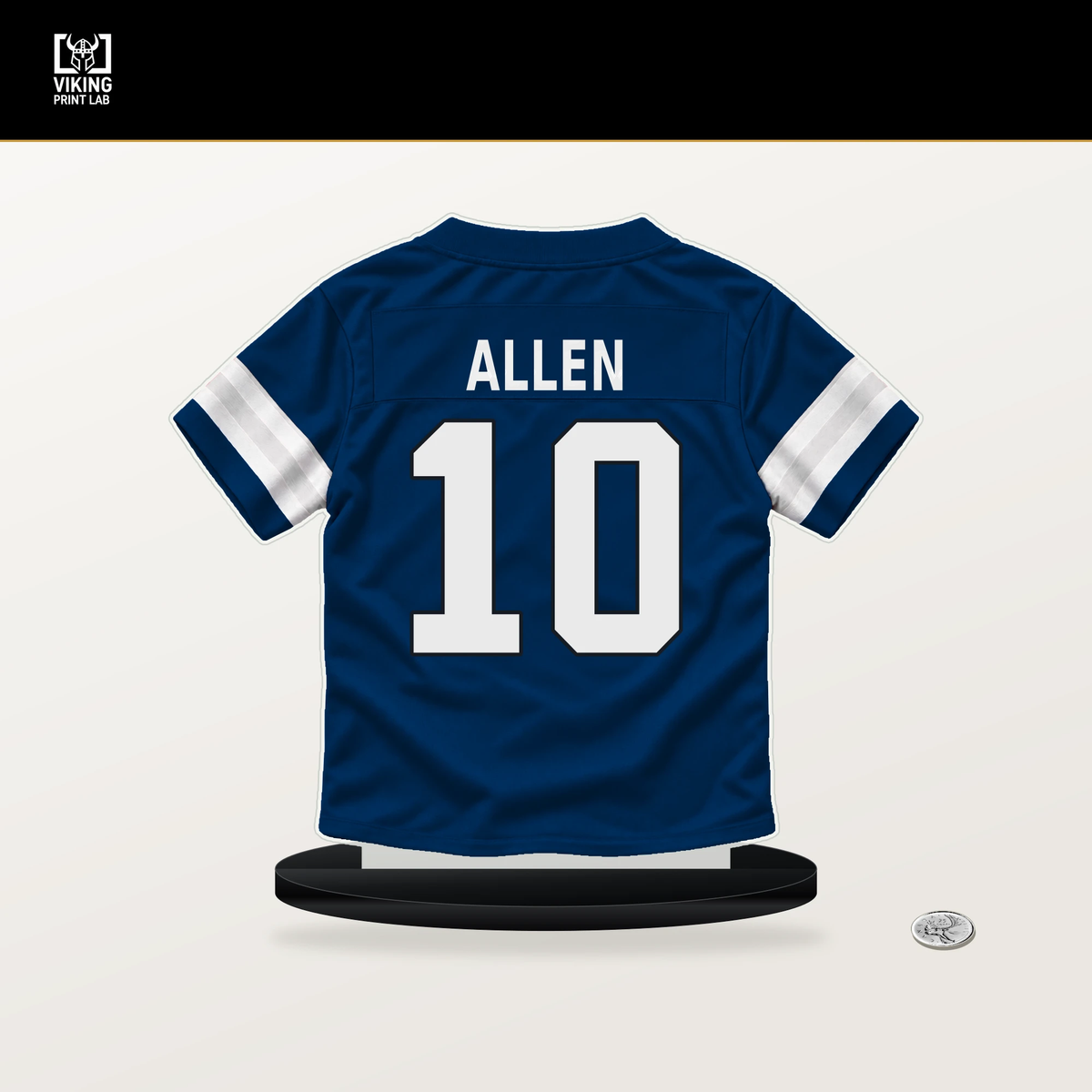 Keenan Allen number 10 Indianapolis Colts jersey stand with included black base.