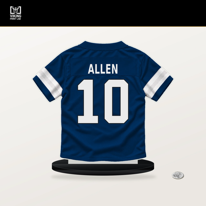 Keenan Allen number 10 Indianapolis Colts jersey stand with included black base.