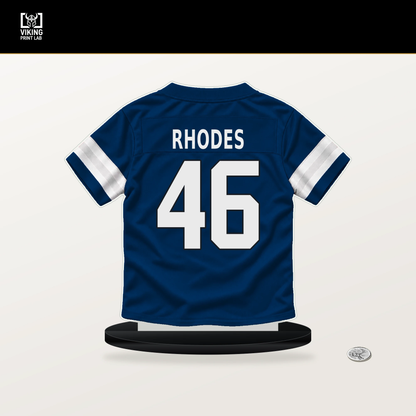 Luke Rhodes number 46 Indianapolis Colts jersey stand with included black base.