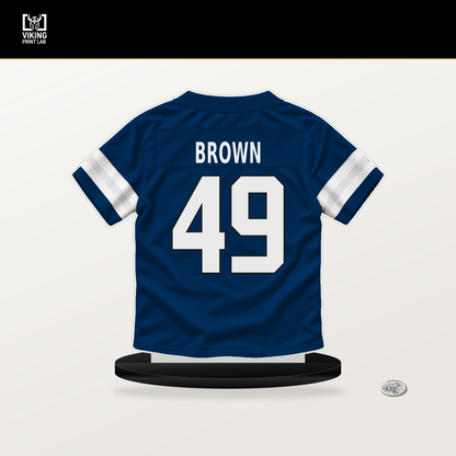 Pharaoh Brown number 49 Indianapolis Colts jersey stand with included black base.