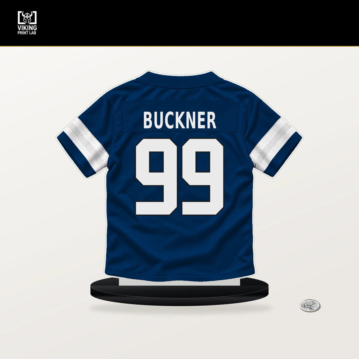 DeForest Buckner number 99 Indianapolis Colts jersey stand with included black base.