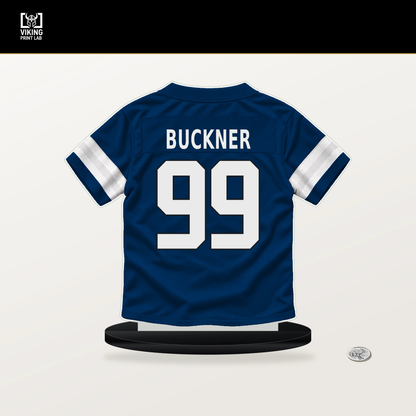 DeForest Buckner number 99 Indianapolis Colts jersey stand with included black base.