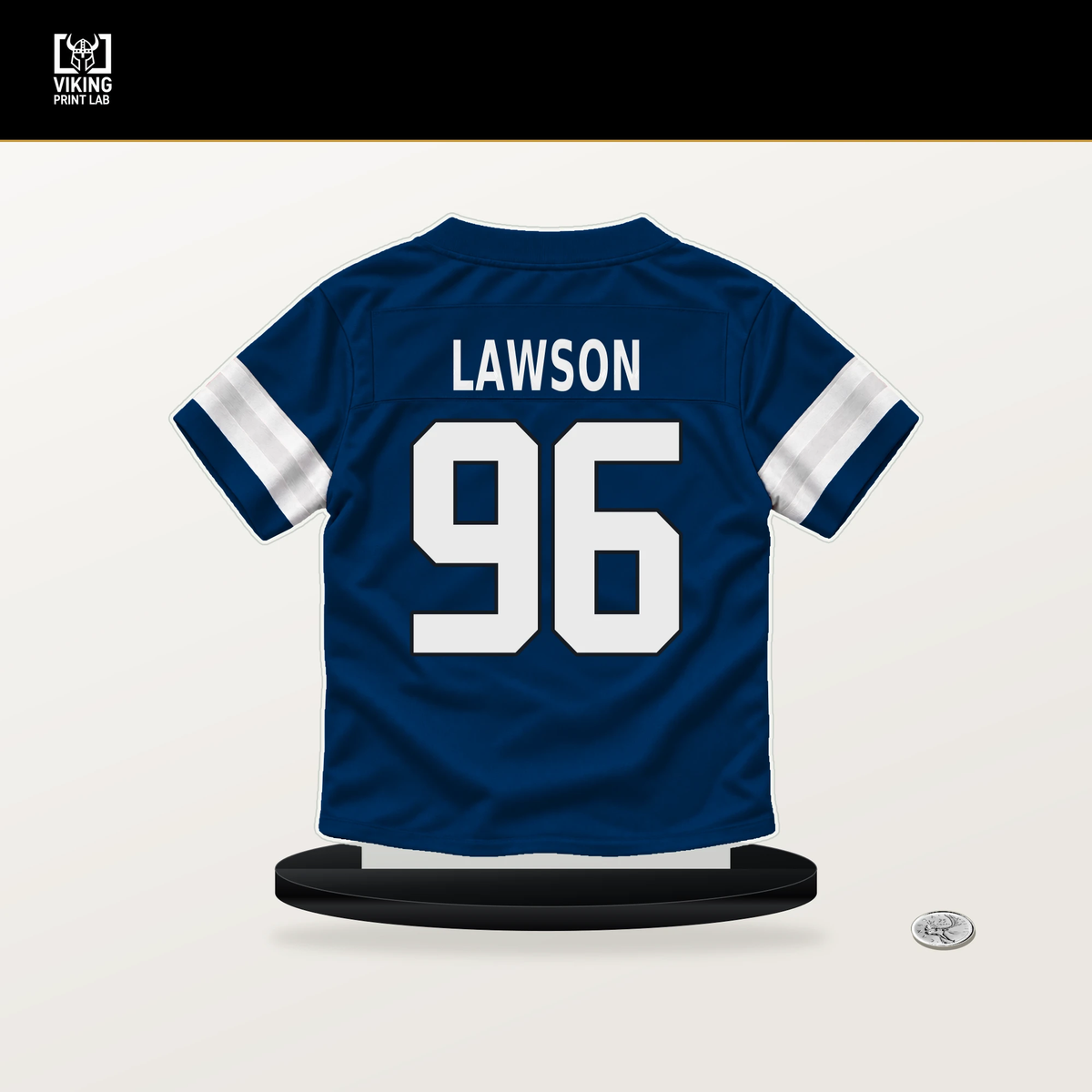 Carl Lawson number 96 Indianapolis Colts jersey stand with included black base.