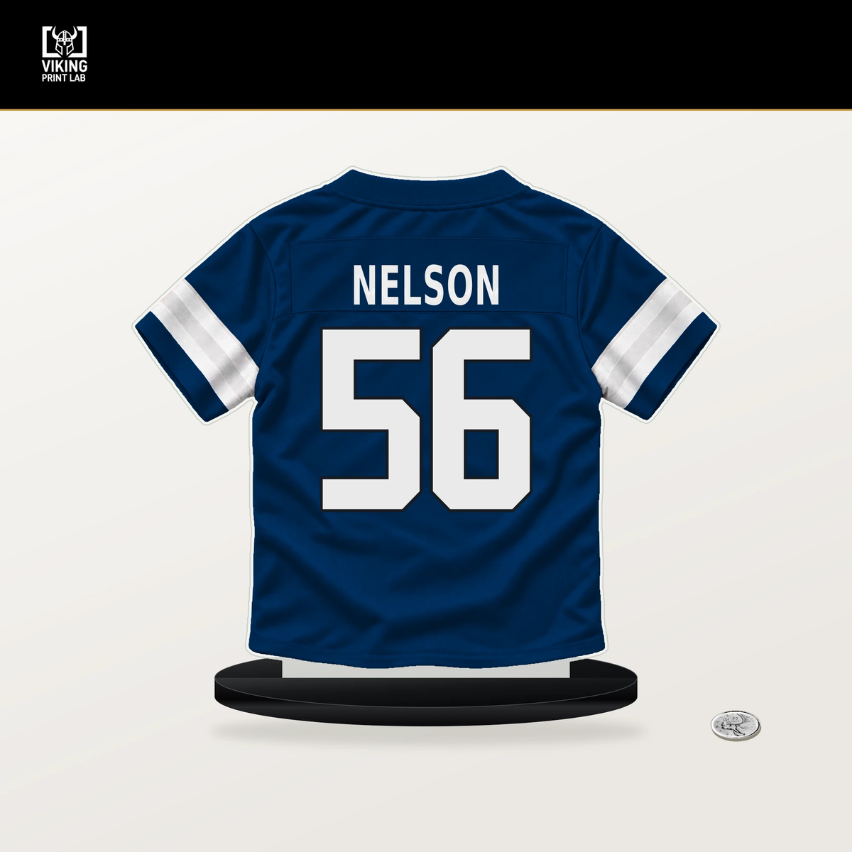 Quenton Nelson number 56 Indianapolis Colts jersey stand with included black base.