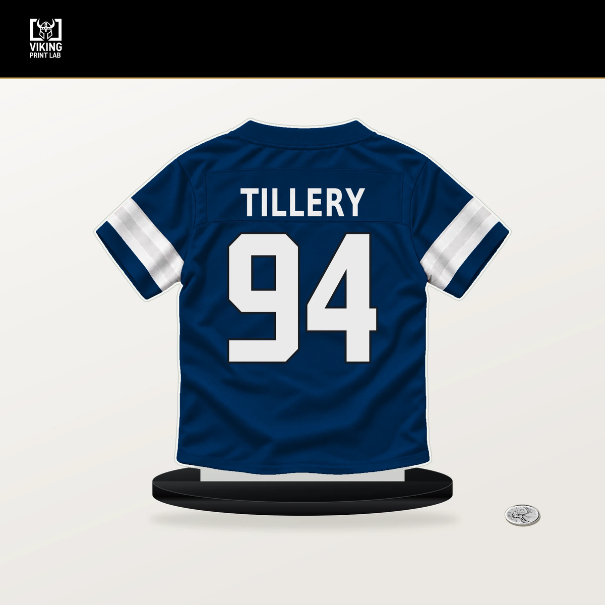Jerry Tillery number 94 Indianapolis Colts jersey stand with included black base.