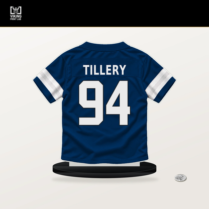 Jerry Tillery number 94 Indianapolis Colts jersey stand with included black base.