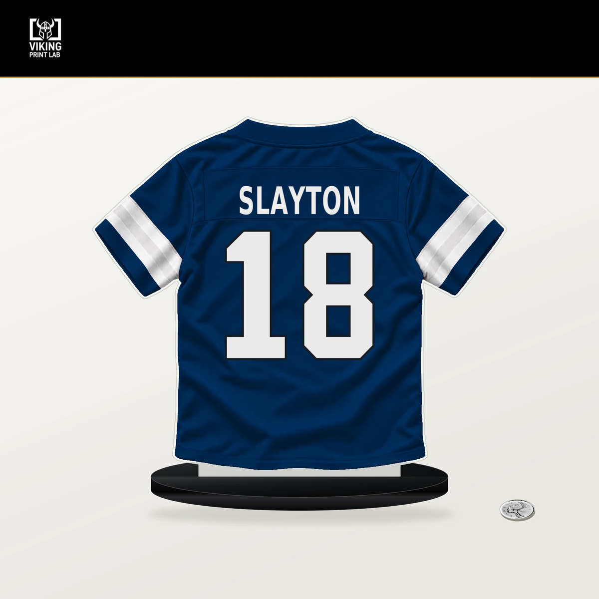 Darius Slayton number 18 Indianapolis Colts jersey stand with included black base.
