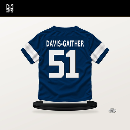 Akeem Davis-Gaither number 51 Indianapolis Colts jersey stand with included black base.