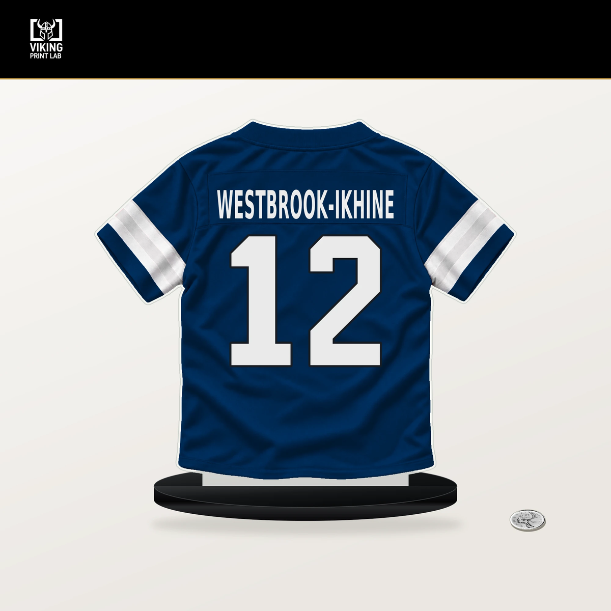 Nick Westbrook-Ikhine number 12 Indianapolis Colts jersey stand with included black base.