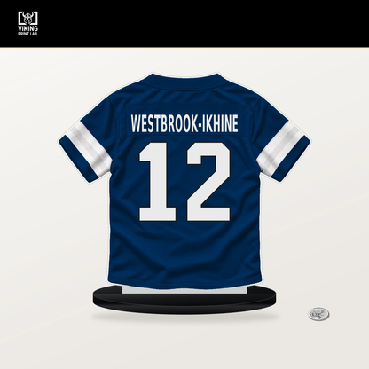 Nick Westbrook-Ikhine number 12 Indianapolis Colts jersey stand with included black base.