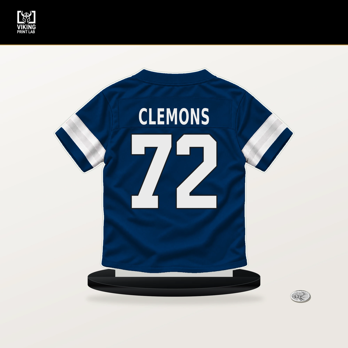Micheal Clemons number 72 Indianapolis Colts jersey stand with included black base.