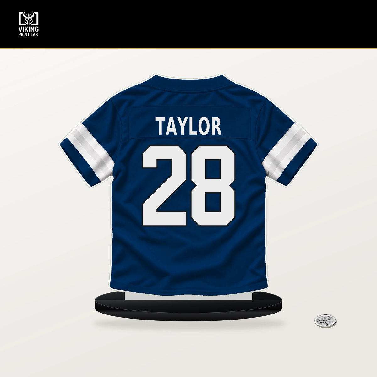 Jonathan Taylor number 28 Indianapolis Colts jersey stand with included black base.