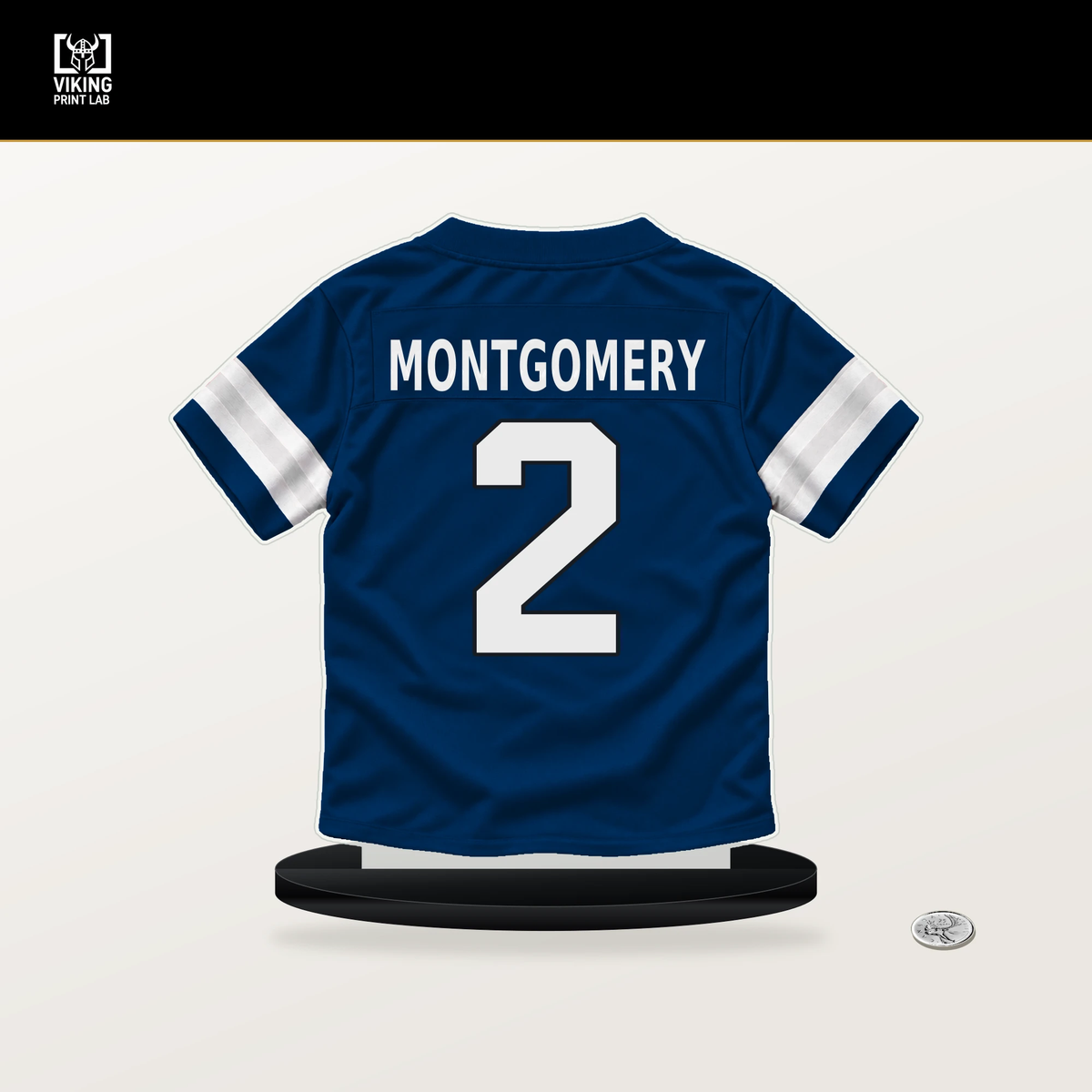 D.J. Montgomery number 2 Indianapolis Colts jersey stand with included black base.