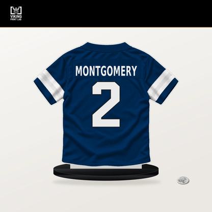 D.J. Montgomery number 2 Indianapolis Colts jersey stand with included black base.