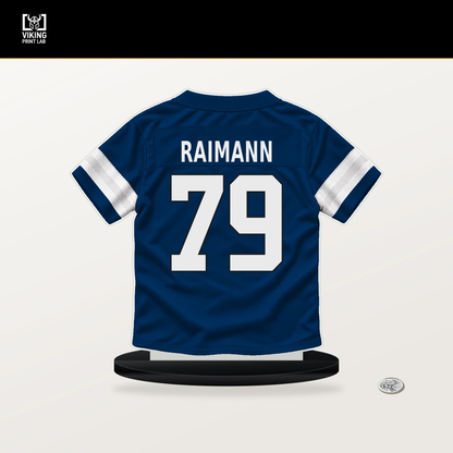 Bernhard Raimann number 79 Indianapolis Colts jersey stand with included black base.