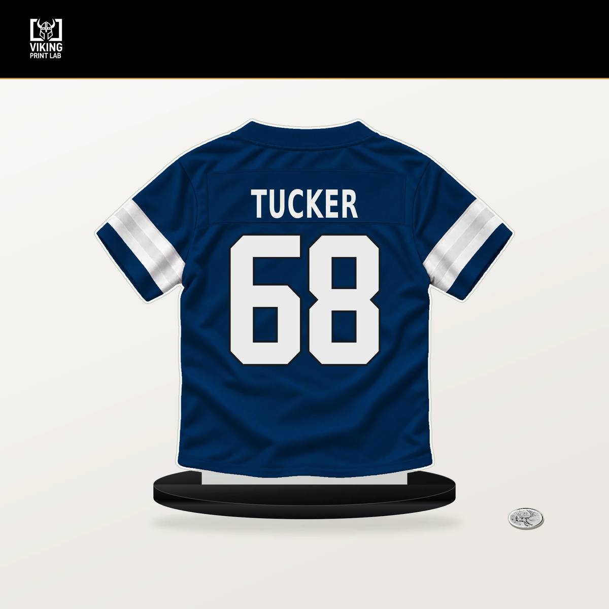 Dalton Tucker number 68 Indianapolis Colts jersey stand with included black base.