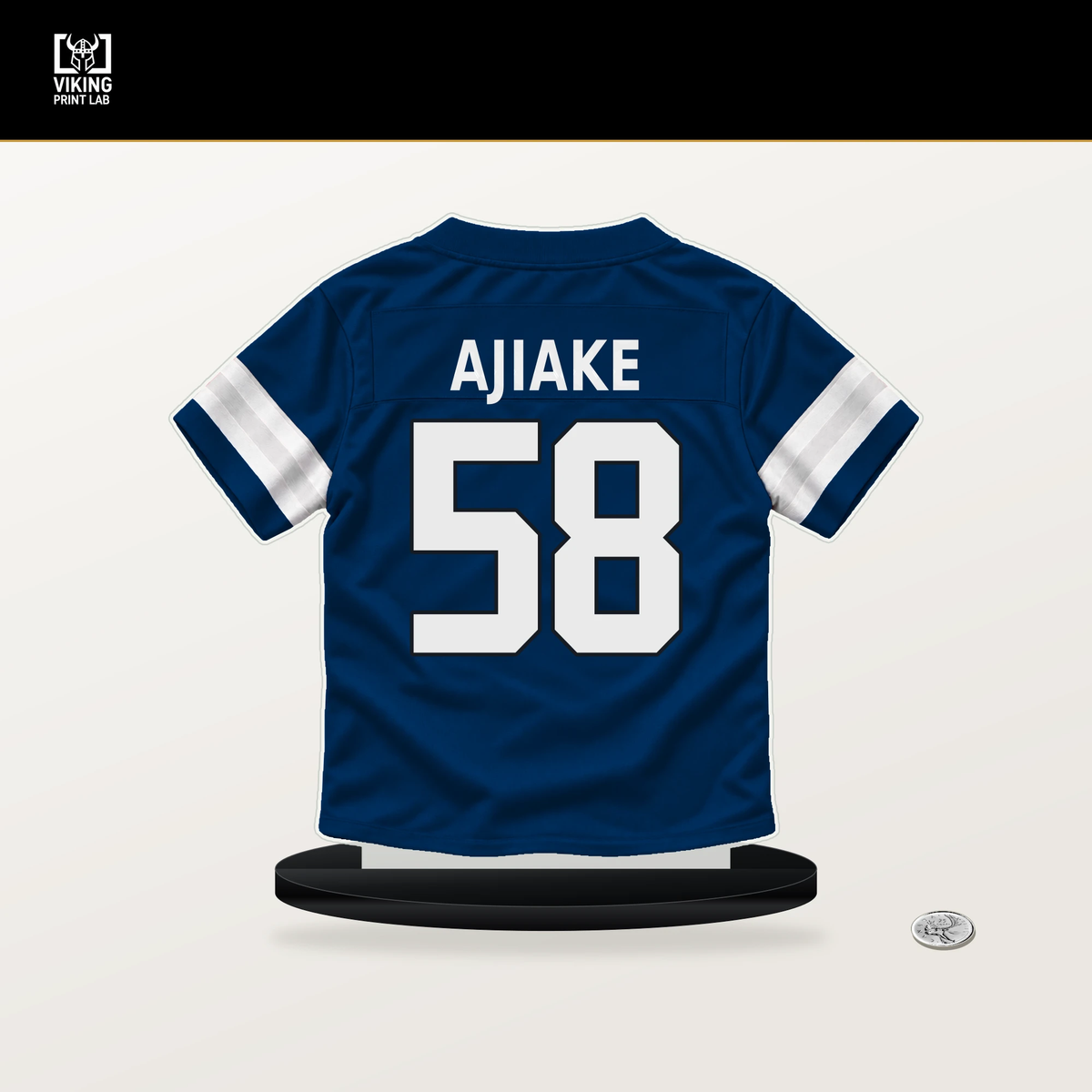Austin Ajiake number 58 Indianapolis Colts jersey stand with included black base.