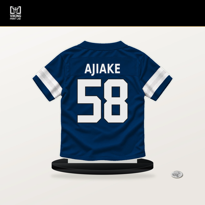Austin Ajiake number 58 Indianapolis Colts jersey stand with included black base.