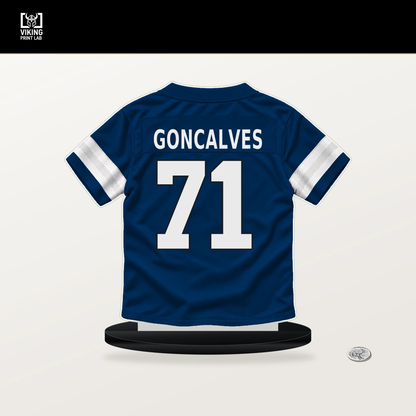 Matt Goncalves number 71 Indianapolis Colts jersey stand with included black base.