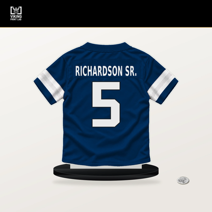 Anthony Richardson Sr. number 5 Indianapolis Colts jersey stand with included black base.
