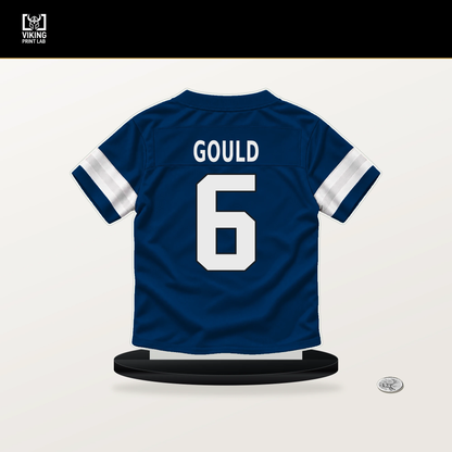Anthony Gould number 6 Indianapolis Colts jersey stand with included black base.