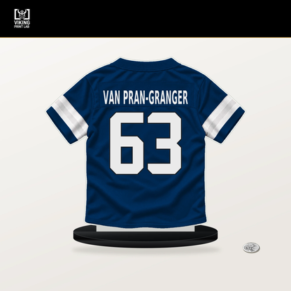 Sedrick Van Pran-Granger number 63 Indianapolis Colts jersey stand with included black base.