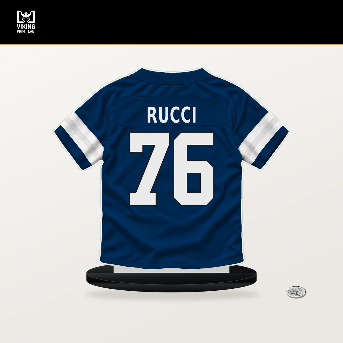 Nolan Rucci number 76 Indianapolis Colts jersey stand with included black base.