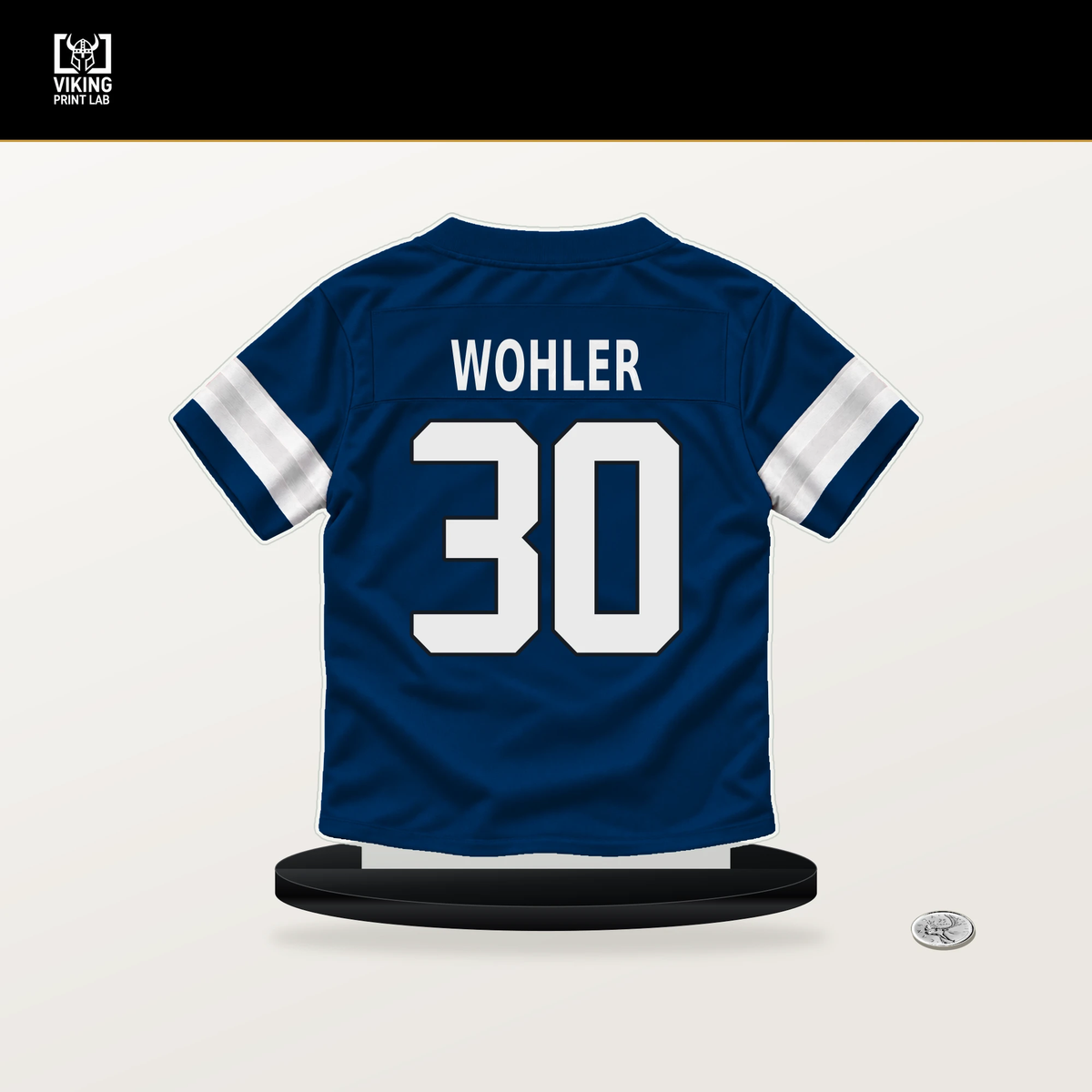 Hunter Wohler number 30 Indianapolis Colts jersey stand with included black base.