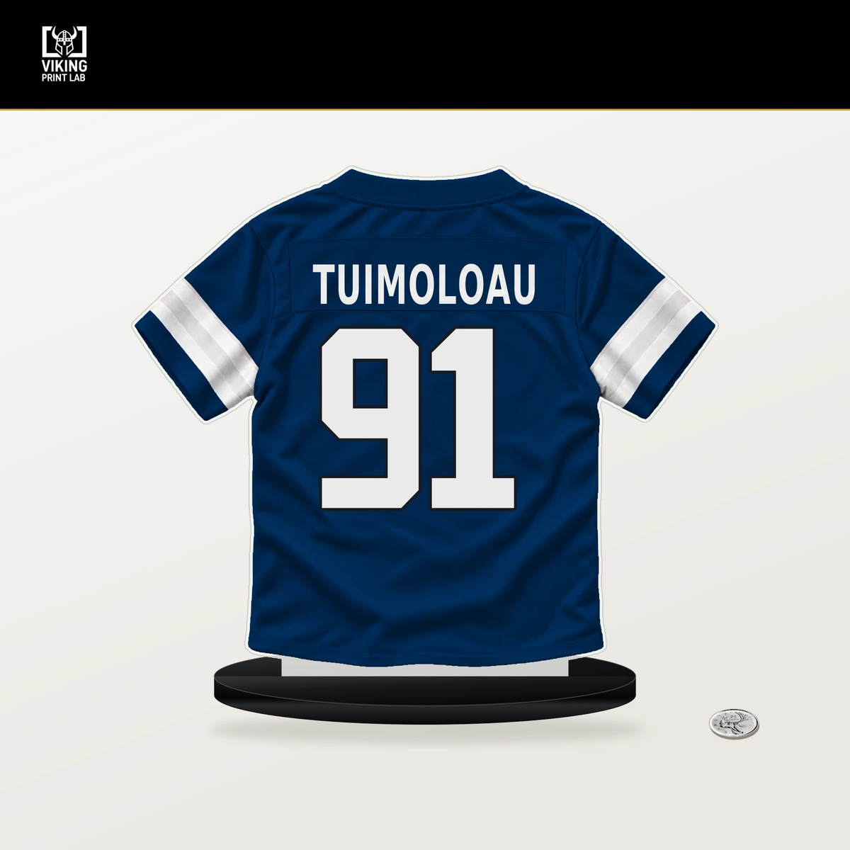 Jaylahn Tuimoloau number 91 Indianapolis Colts jersey stand with included black base.
