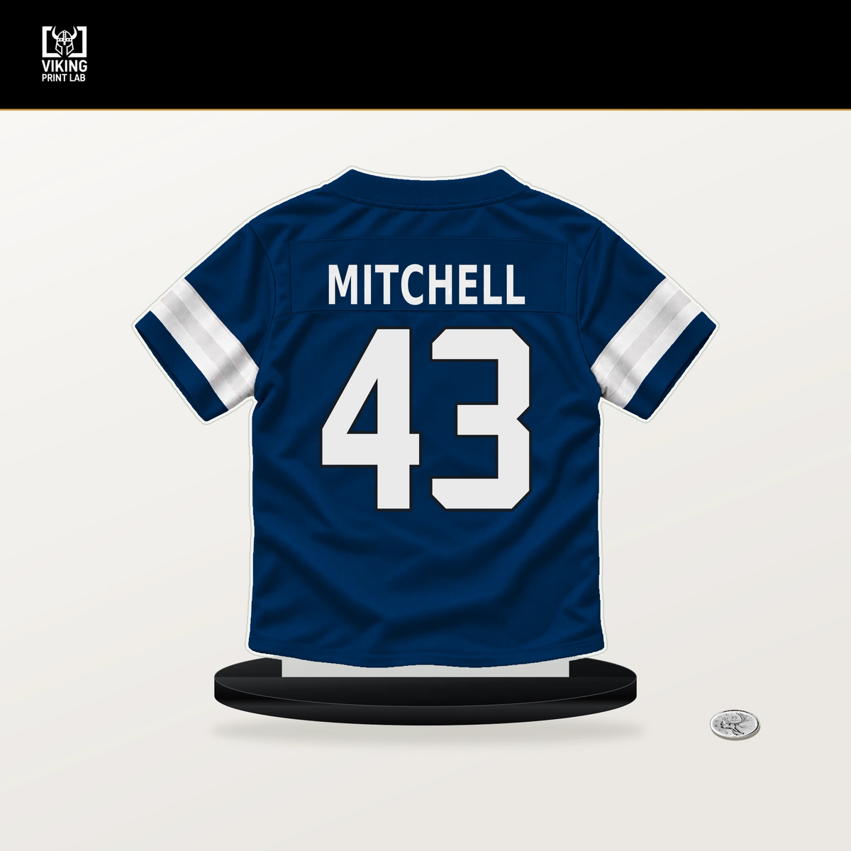 Cameron Mitchell number 43 Indianapolis Colts jersey stand with included black base.