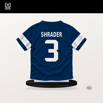 Spencer Shrader number 3 Indianapolis Colts jersey stand with included black base.
